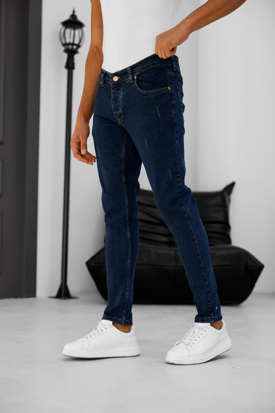 MODAMESTO Чоловічі сині джинси Slim Fit з еластичною тканиною, вузькими штанинами та лазерною обробкою