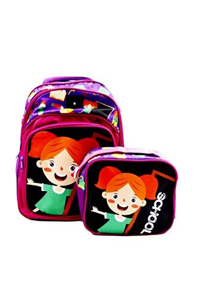 Sentor 3 Compartment Primary School School Backpack and Lunch Box School Black-Purple
