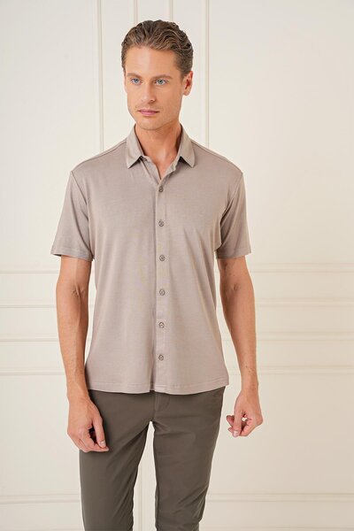 Efor Comfort Fit Spor Yaka Kısa Kol Esnek Pamuk Vizon Gömlek G 1573