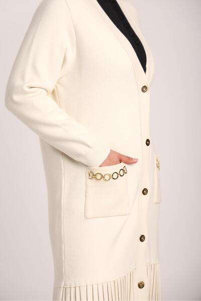 Uludağ Triko Women's Ecru Pleated Pocketed Knitwear Long Cardigan
