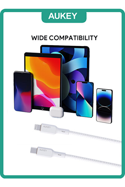 AUKEY Braided Nylon Sync & Charge MFI Cable USB-C To Lightning 1M NCL1 White
