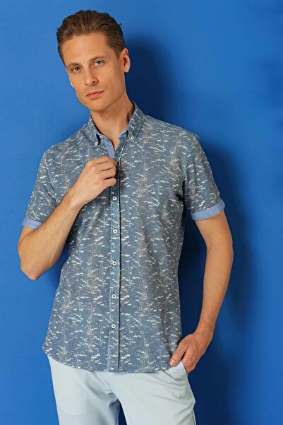 Efor Slim Fit Düğmeli Yaka Desenli Kısa Kol Pamuk Mavi Gömlek G 1499