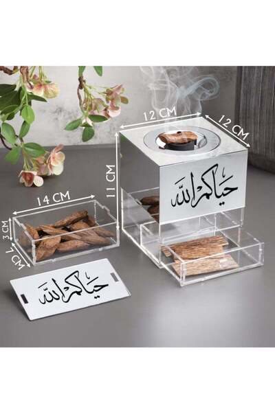 Story of candle Incense burner with a box for storing incense and for the incense itself, bearing the phrase "Welcome," and Moroccan oud made of glossy, transparent acrylic.