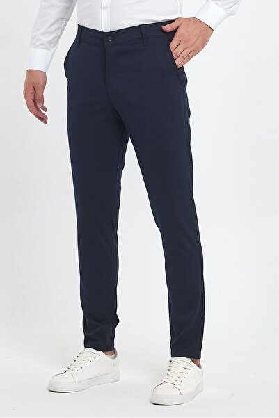 MODAMESTO Men's Navy Blue Slim Fit Dobby Lycra Quality Trousers with Pockets