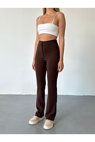 BEJNA Hnědé žebrované kalhoty Palazzo s vysokým pasem - rozšířená noha