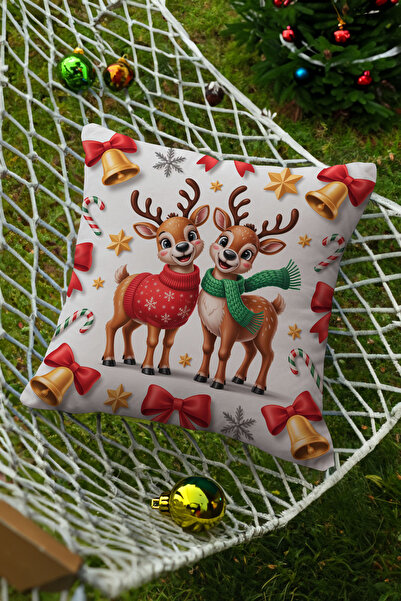 Ahsen Dekoratif New Year's Themed Red and White Deer Patterned 4-Piece Digital Printed Gift Pillow Throw Pillow Cover