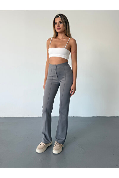 BEJNA Šedé žebrované dámské kalhoty Palazzo s vysokým pasem - rozšířená noha