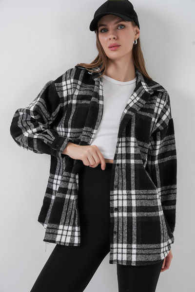 Bigdart Kadın Ekose Desen Oversize Oduncu Gömlek 3854 D. Siyah