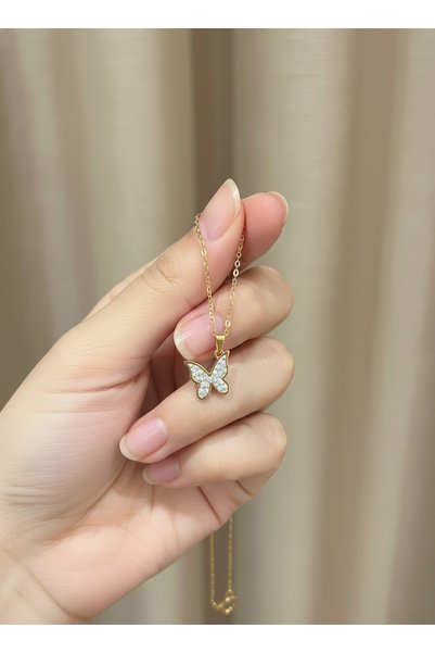 GLANZEND Zircon Stone Steel Gold Color Butterfly Necklace for Valentine's Day