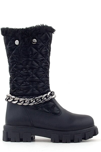 Rakerplus Black Long Zippered Chain Detailed Girls' Rain Boots