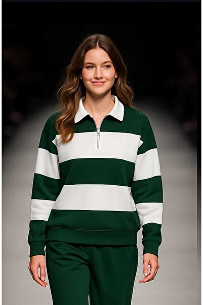 LiyAdaCo Verde-alb cu jumătate de fermoar, cu dungi, unisex, cu guler polo, S...