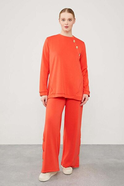 Levidor Orange Crew Neck Button Detailed Sports Set