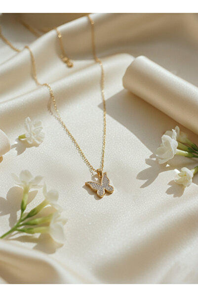 GLANZEND Sevgililer gününe Zirkon Taşlı Çelik Gold Renk Kelebek Kolye