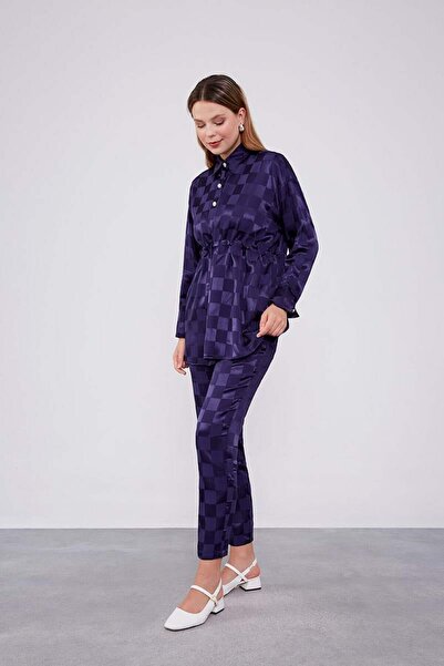 Levidor Jacquard Checkerboard Patterned Navy Blue Double Set