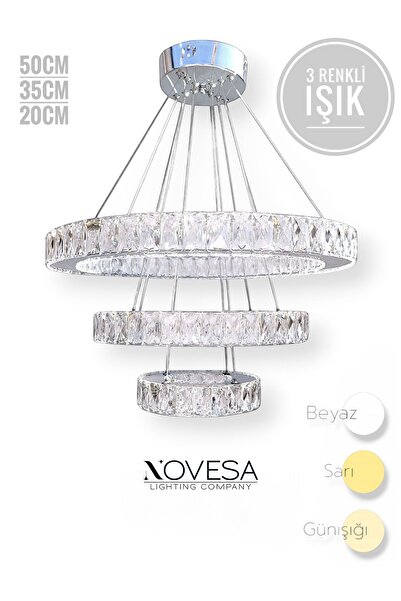 Novesa Kristal Taşlı 3 Halkalı Çember/Yuvarlak 3 Renk Led Avize