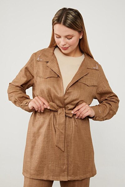 Levidor Latte Collar Stone Embroidered Jacket Set