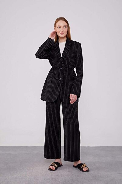 Levidor Black Belted Striped Trouser Suit