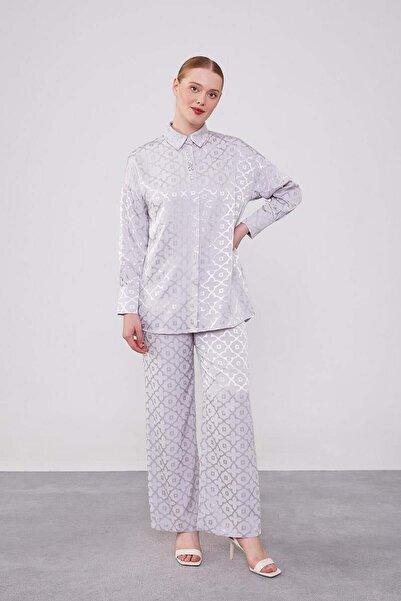 Levidor Jacquard Gray Floral Patterned Double Suit