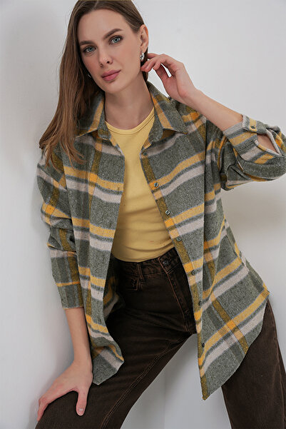 Bigdart Kadın Ekose Desen Oversize Oduncu Gömlek 3854 E.Yeşil