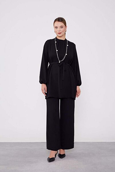 Levidor Black-Black Necklace Detailed Chiffon Tunic Suit