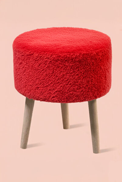 Niron 3 Ayaklı Mini Puf - Kırmızı Teddy Peluş Kumaşlı Mini Tabure