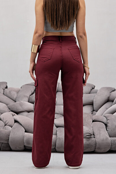 BİKELİFE High Waist - Lycra Claret Red Wide Leg Cargo Pants