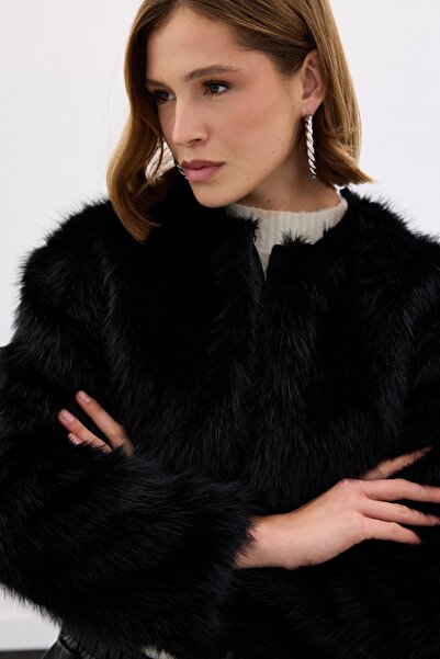 Sateen Yakasız Kürk - Siyah