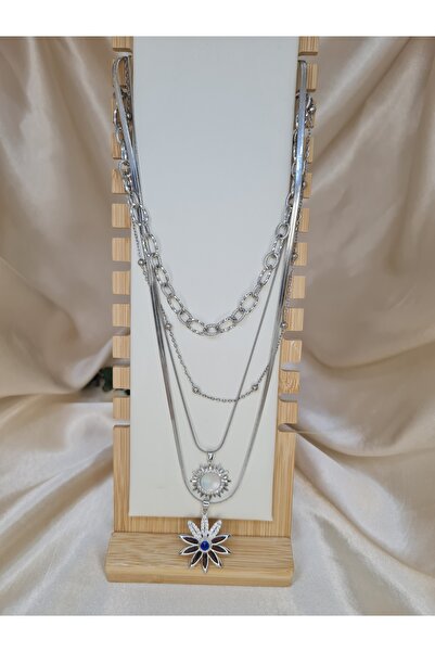 ZEYM COLLECTION مجموعة قلادات من الفولاذ مكونة من 4 طبقات - ميدالية على شكل ش...