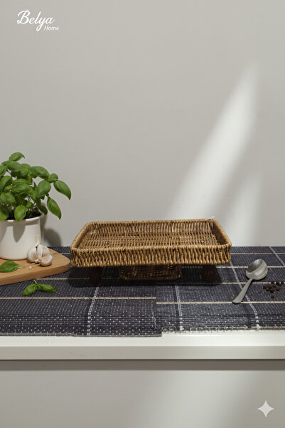 Vera Bambu Hasır Rattan Ayaklı Dikdörtgen Tepsi | Dekoratif Sunumluk ve Servis Tepsisi