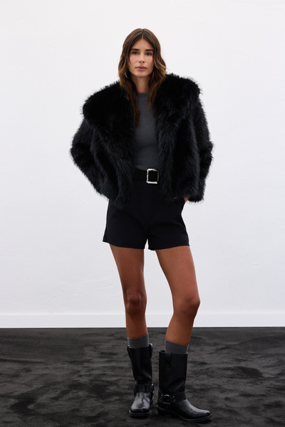 Sateen Yakalı Kürk - Siyah