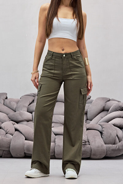 BİKELİFE Haki Kargo Cepli Likralı Yüksek Bel Wide Leg Pantolon