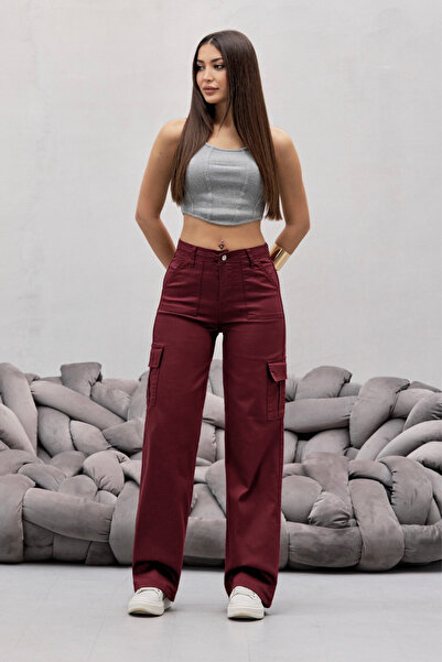 BİKELİFE High Waist - Lycra Claret Red Wide Leg Cargo Pants