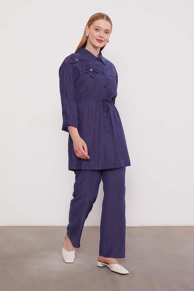 Levidor Navy Blue Embroidered Shoulder Detail Cupra Two-Piece Set