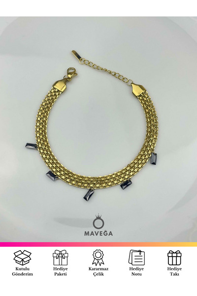 MAVEGA Hasır Çelik Örgü Model Sallantılı Zirkon Taşlı Kararmaz Çelik Bileklik