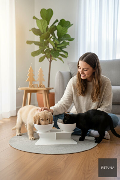 İki Hazneli Kedi Kafalı Beyaz Standlı Kedi Mama ve Su Kabı 350 ML