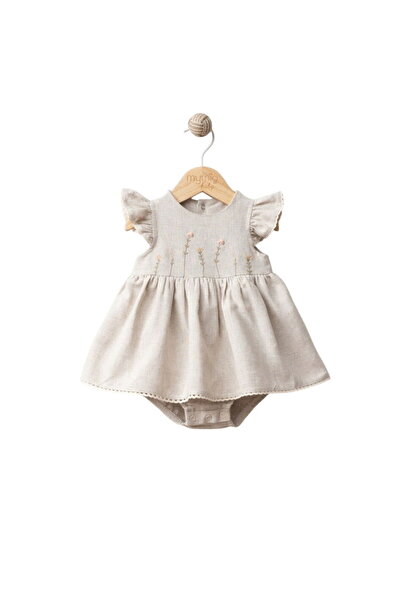 Mymio 4237MY Kız Bebek Çiçek Nakışlı Keten Şortlu Elbise