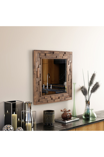 bluecape Jenga Ceviz Doğal Ağaç Masif 58x58 Cm Tahta Parçacıklı Dekoratif Ayna