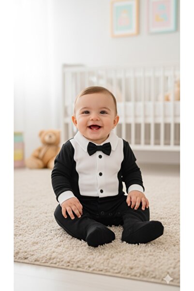 genybaby Baby Boy Black Tuxedo Romper - Special Occasion Outfit with Bow Tie (0-12 Months)