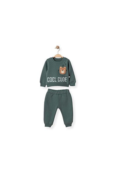 atabay Cool Dude Bear Head Embroidered Three-Thread Ribbed Top and Bottom Set Khaki