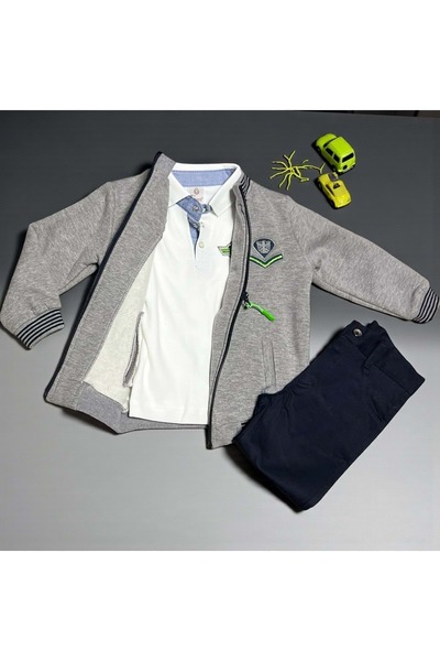 RYZE ÇOCUK Fleece-Lined Kolej Montlu Shirt-Collar Sweatshirt Three-Piece Bottom-Up Set Gray