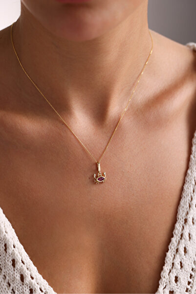 Gianfranco 14 Ayar Altın Pembe Taşlı Yengeç Kilitli Charm Kolye