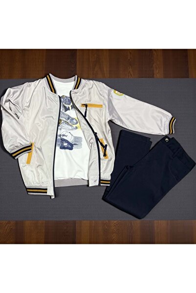 RYZE ÇOCUK Cep Zipper Detail Lined Coat Three-Piece Bottom Top Set Gray