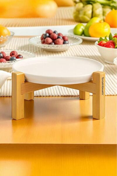Bambum Alpina Ceramic Presentation Plate with Bamboo Feet 17cm, Serving Plate, Decorative Dessert and Breakfast Plate