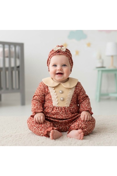 genybaby Leoparlı Mevsimlik Tulum Bandana Hediyeli 2'li Kombin