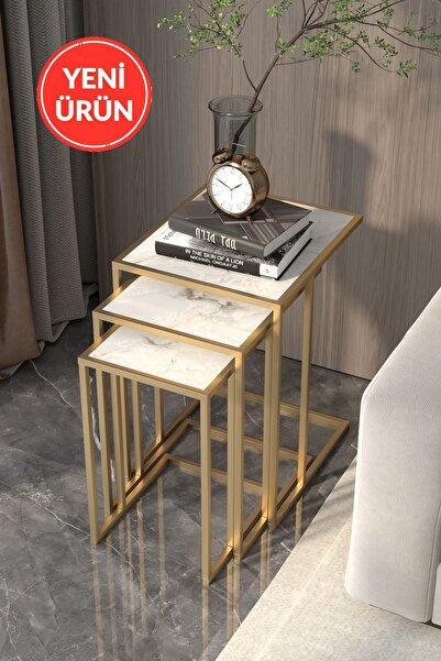 MİLVAKİ Zigon Sehpa Gold Modern 3 lü