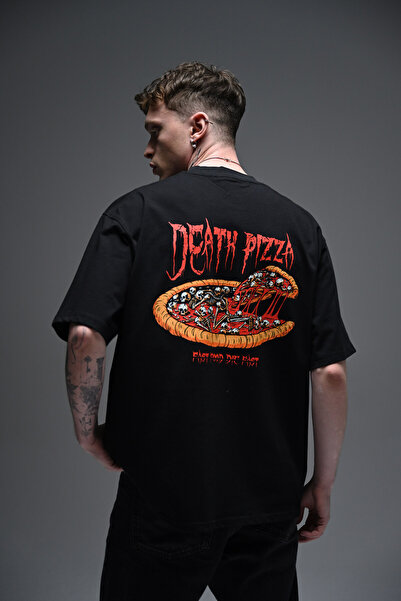 Nhara تيشيرت أسود فضفاض للجنسين عليه صورة بيتزا الموت