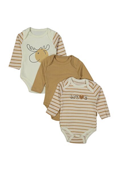 Necix's 3-Piece Baby Boy Long Sleeve Cotton Bodysuit Set – Beige & Striped Pattern