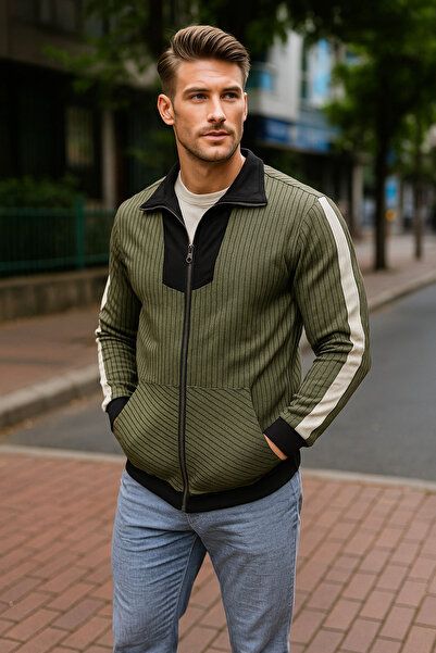 couis Men's Linen Stand-Up Collar Zippered Kangaroo Pocket Jacket
