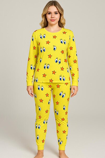 Trendnova Store KADIN PİJAMA SARI DESENLİ (TWEETY)