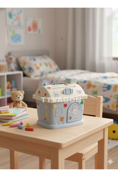 ttvagon Sevimli Tarz Renkli Ev Baca Kumbara Kilitli Para Kumbarası Sticker Hediyeli Mavi